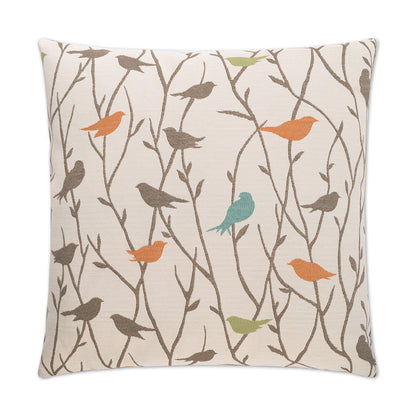 Square beige linen-look pillow with brown tree-branch pattern and colorful orange, teal, and green birds.