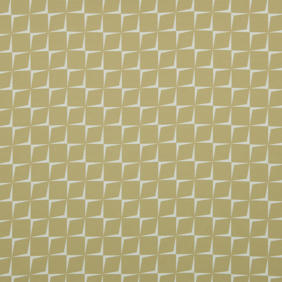 Gold and beige geometric wallpaper with repeating diamond tile pattern.