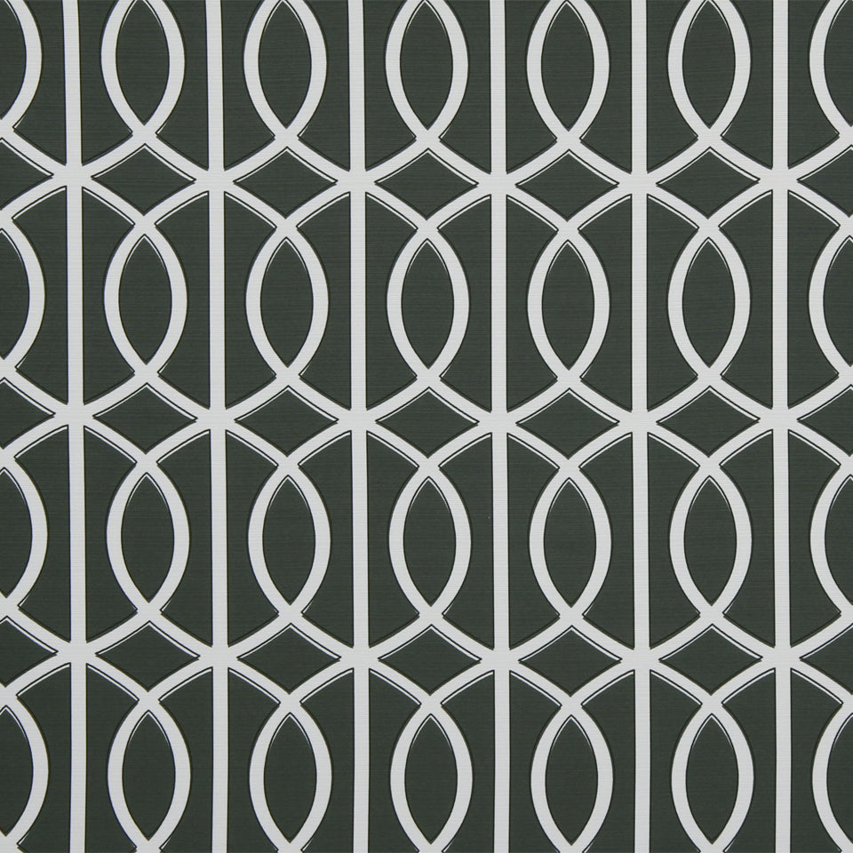 Repeating interlocking white ring pattern on graphite background; multipurpose fabric design.