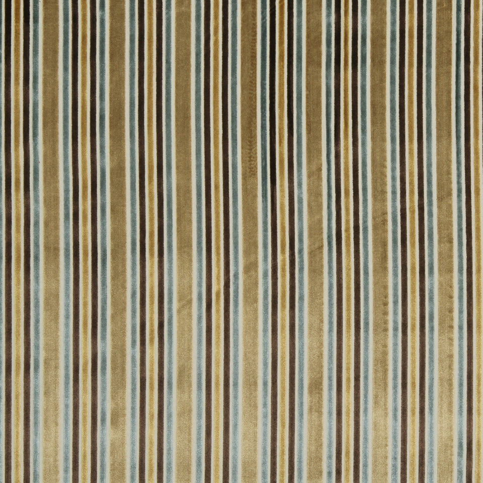 Vertical striped upholstery fabric with a beige background and navy, brown and blue narrow stripes.