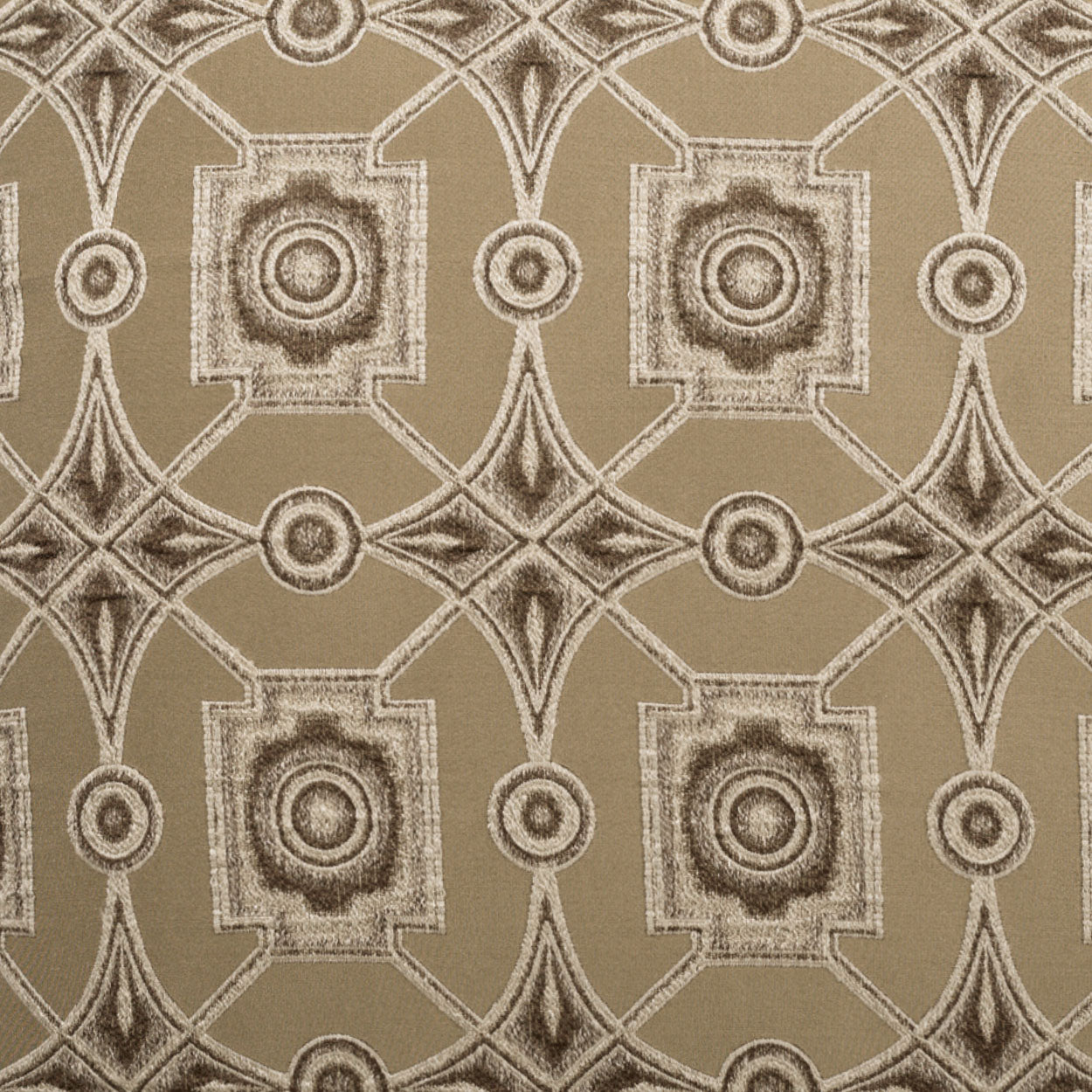 Beige-taupe pillow featuring Art Deco geometric lattice and square rosette motifs; 24" x 24" decorative pillow.