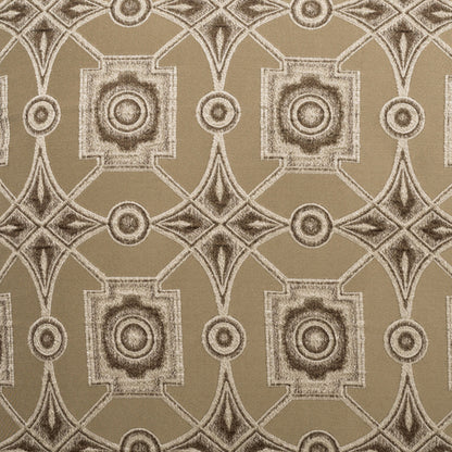 Beige-taupe pillow featuring Art Deco geometric lattice and square rosette motifs; 24" x 24" decorative pillow.