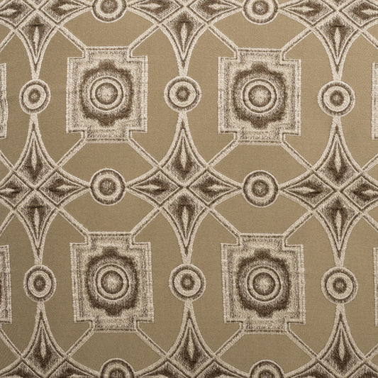 Beige upholstery fabric with brown geometric lattice pattern featuring circular centers and square medallions; textured weave.