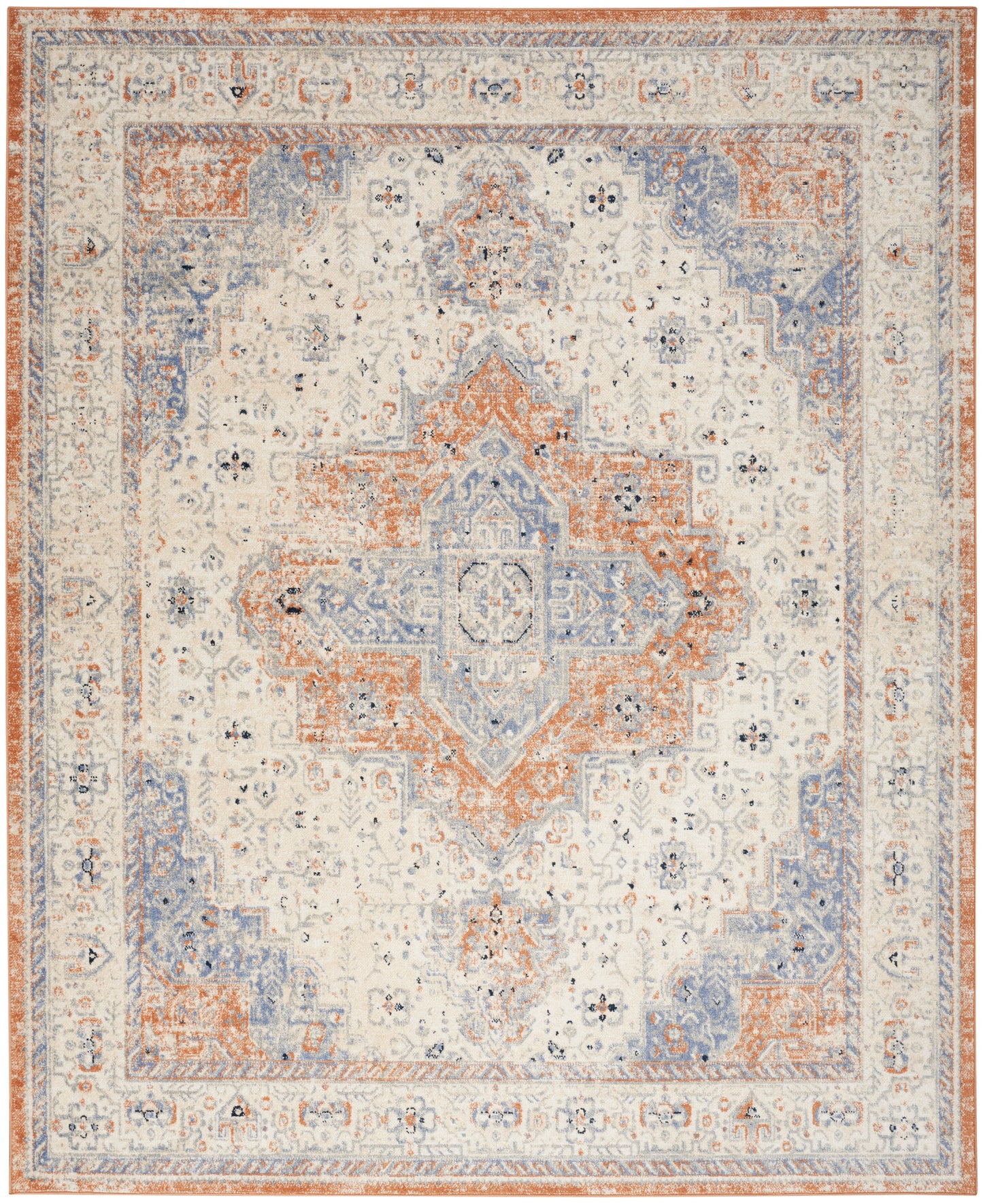 Rectangular Persian-inspired area rug with ivory base, distressed rust orange and muted blue medallion pattern and border.