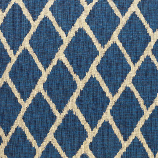 Blue woven fabric with cream diamond lattice pattern; textured textile suitable for upholstery or curtains.