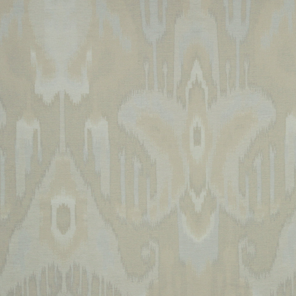 Silver brushed upholstery fabric with a pale ivory ikat/damask pattern; neutral woven textile.