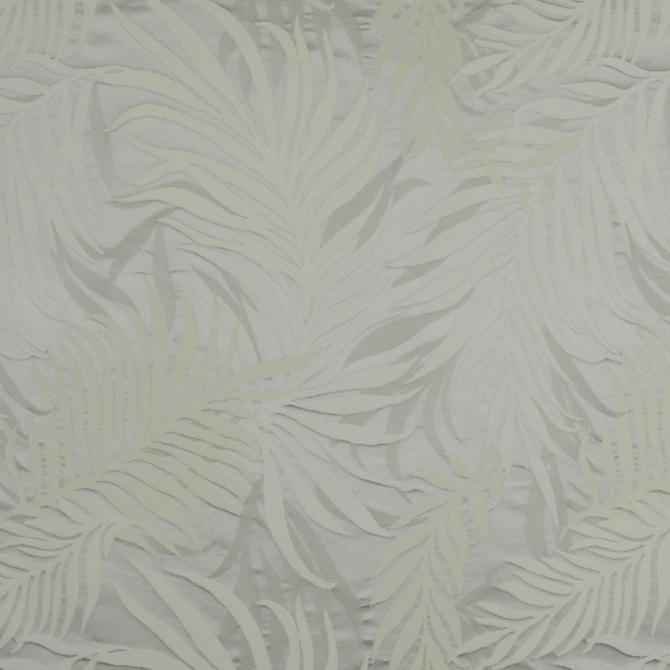 Soft gray background with pale ivory palm fronds; tropical leaf pattern for decor textiles.