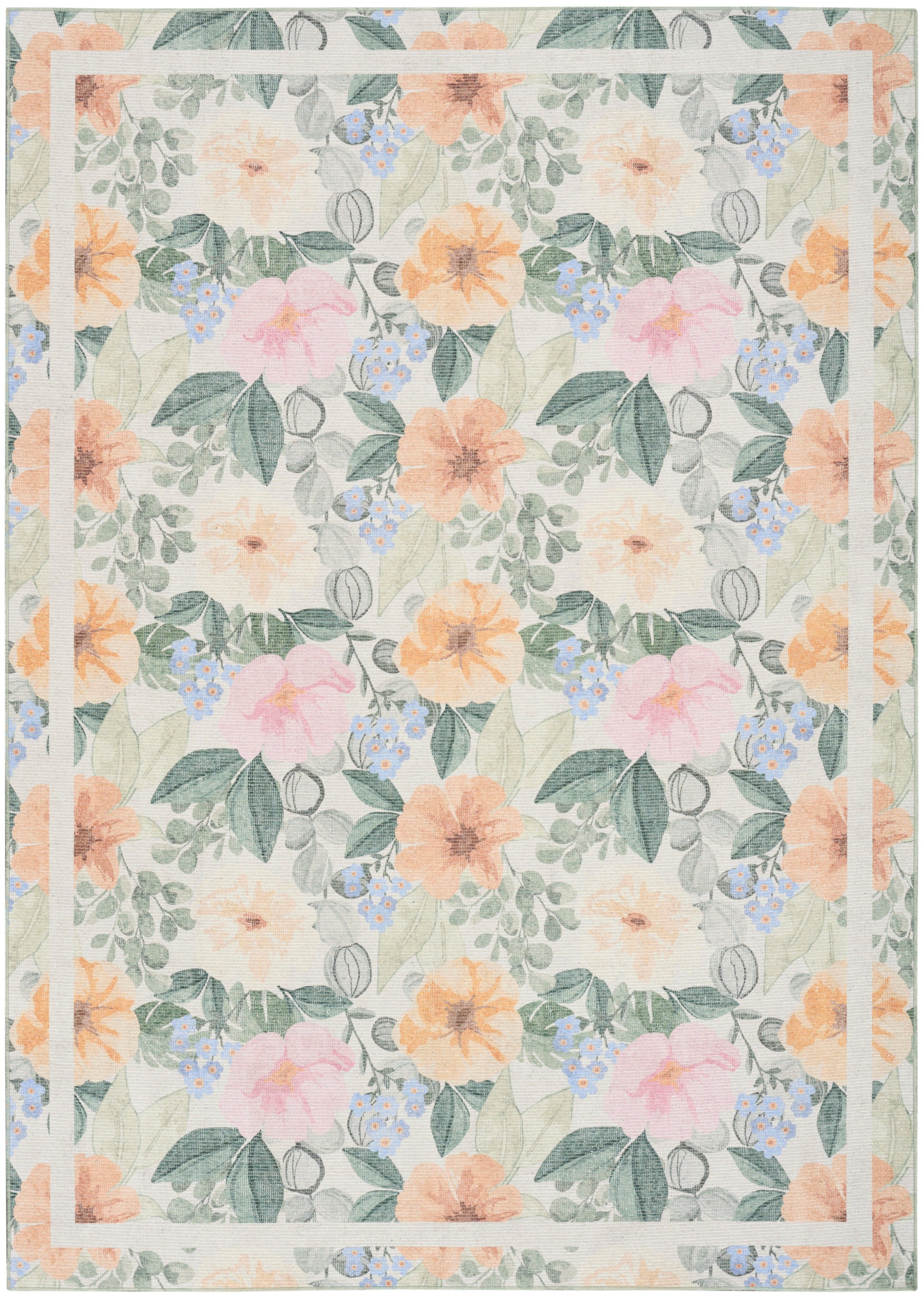 Pastel floral rug featuring peach flowers, pink and blue blossoms, and green leaves on a pale background with a peach border