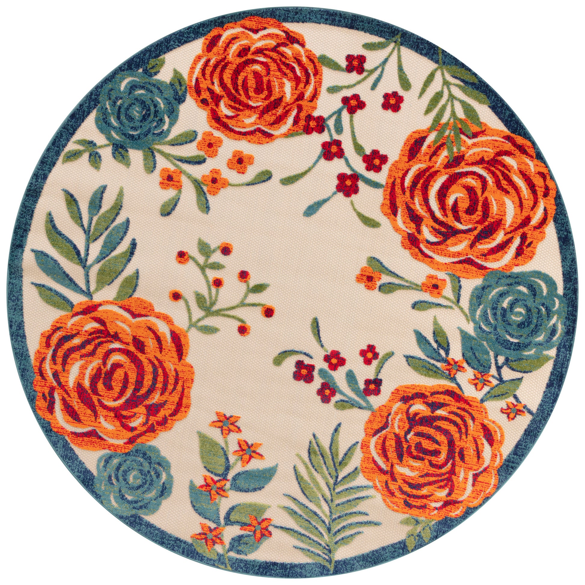 Round floral rug with beige background, bold orange roses, blue-green florals, and leafy greenery, teal border.