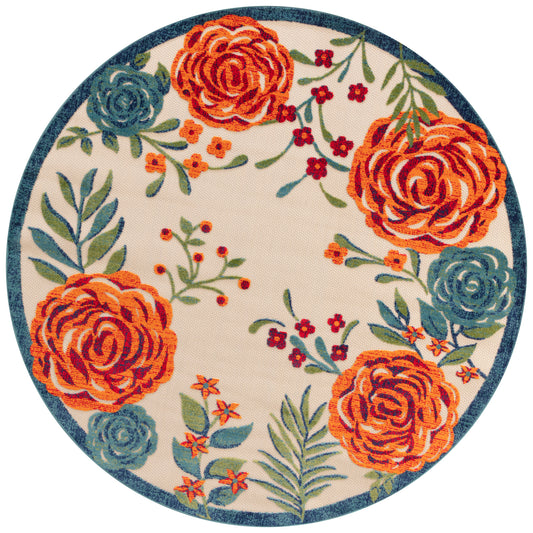 Round floral rug with beige background, bold orange roses, blue-green florals, and leafy greenery, teal border.