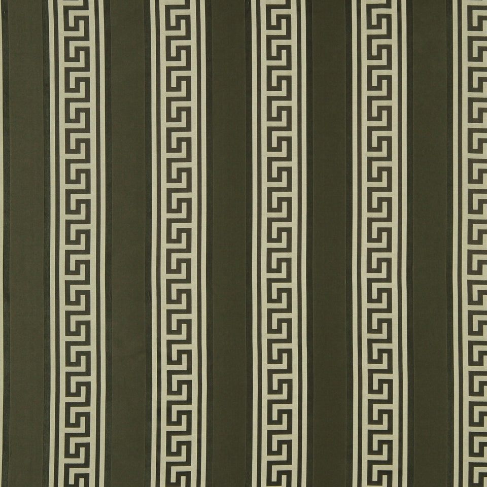 Vertical olive green and beige stripes with a Greek-key meander pattern on the beige bands.