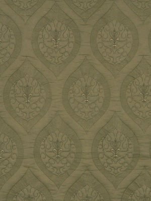 Muted olive-green damask wallpaper with ornate teardrop medallions and subtle textured background.
