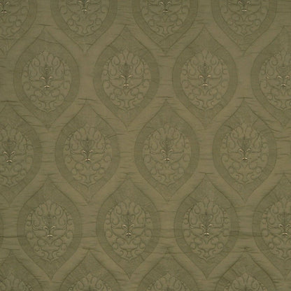 Olive green damask fabric with teardrop medallions and scrolling florals; textured vintage decorative pattern.