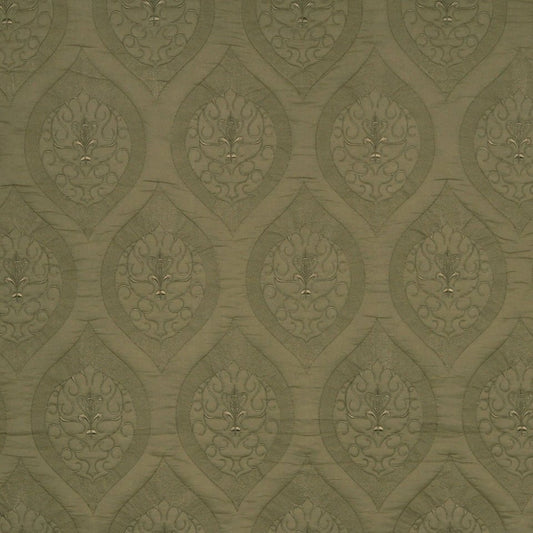 Olive green damask fabric with teardrop medallions and scrolling florals; textured vintage decorative pattern.