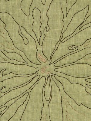 Olive-green linen-like fabric with a central brown starburst flower and radiating petal lines.