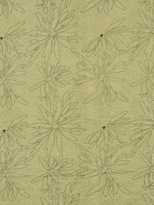 Olive-green linen-textured fabric with large outlined daisy flowers in muted khaki; upholstery or drapery use.