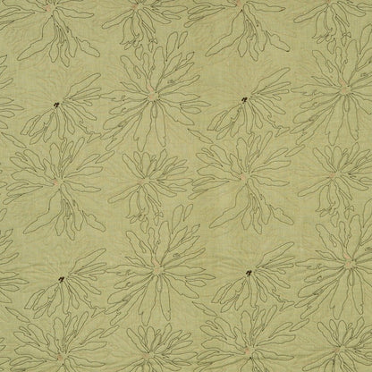 Olive-green fabric with repeating pale olive starburst floral motifs outlined in dark olive.