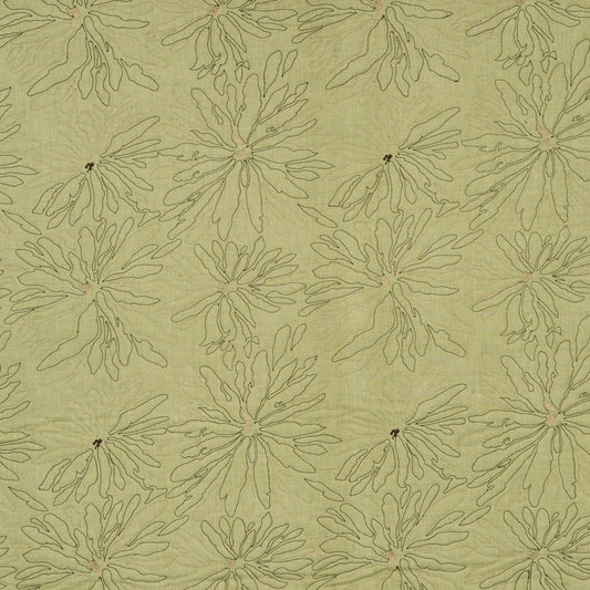 Olive-green fabric with repeating pale olive starburst floral motifs outlined in dark olive.