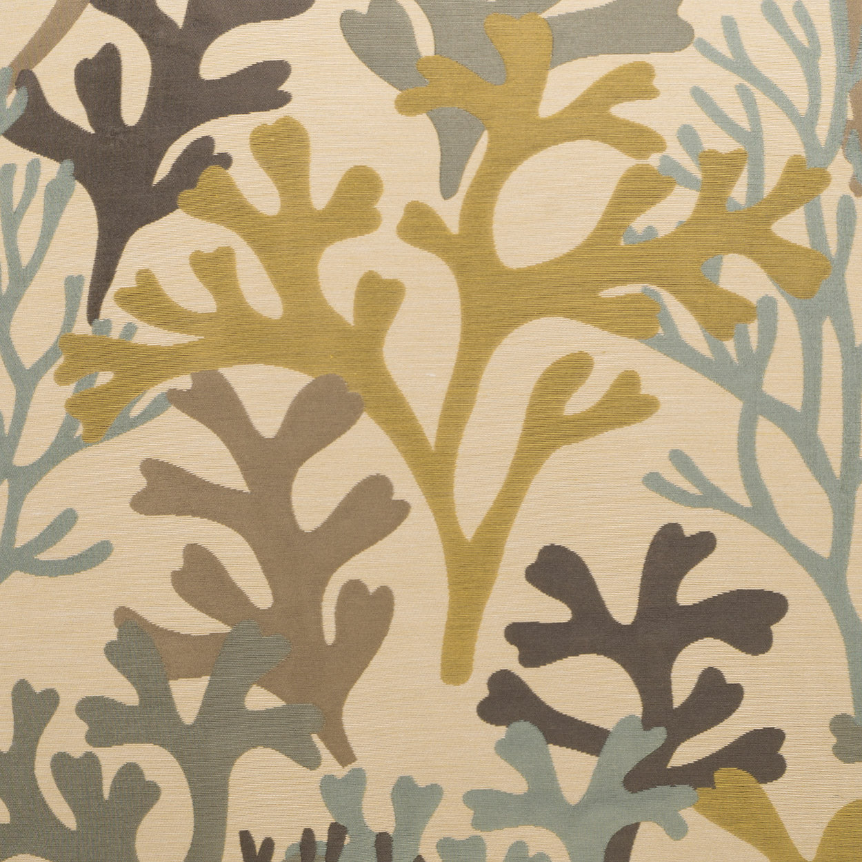 Abstract coral-print fabric on cream background; mustard, teal, and taupe branches for upholstery or drapery.