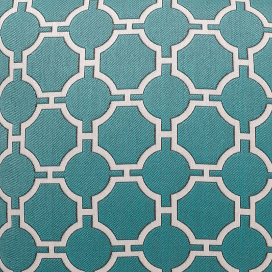 Teal woven fabric with white interlocking circle lattice pattern; geometric upholstery textile.