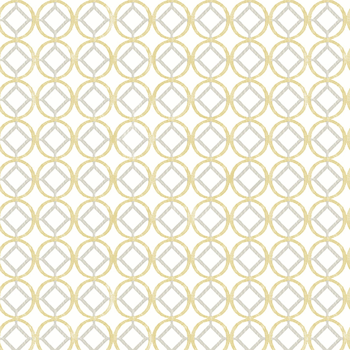 Geometric repeating pattern of gold rings forming circles with gray diamond centers on a cream background.