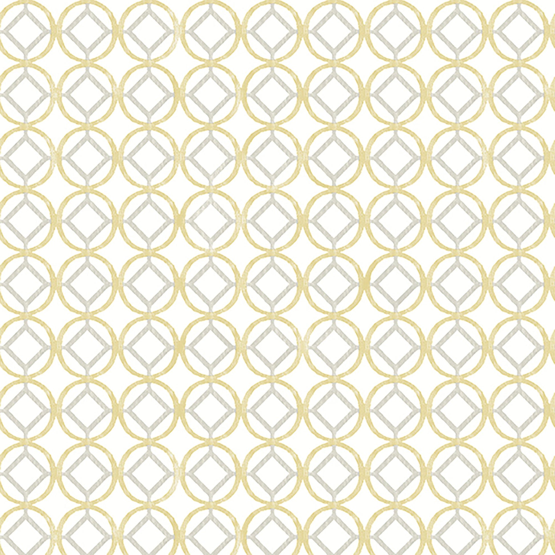 Geometric repeating pattern of gold rings forming circles with gray diamond centers on a cream background.