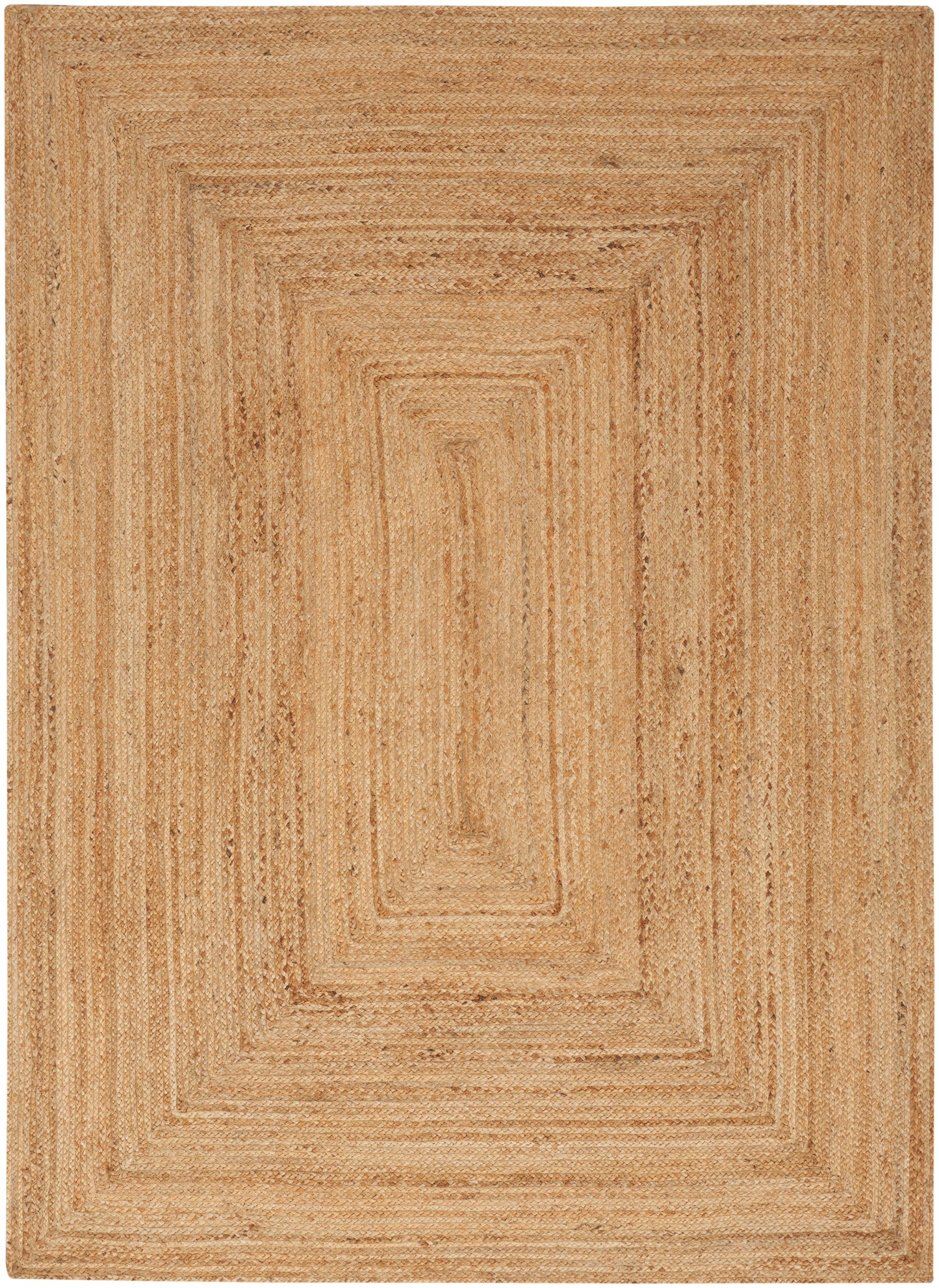 Natural jute rug featuring a concentric stepped rectangular border in warm tan beige.