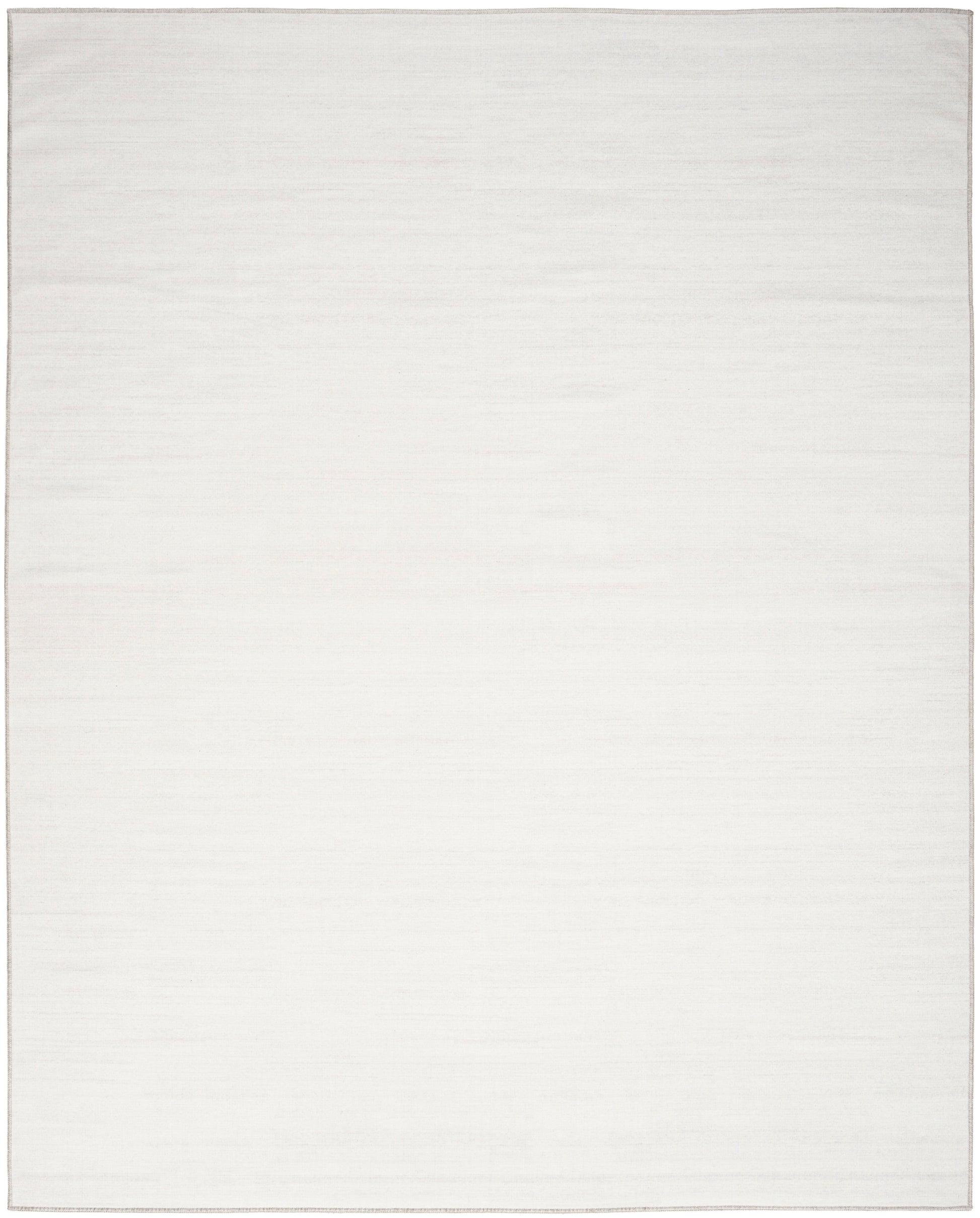 White textured textile rug with subtle weave and narrow border; rectangular.