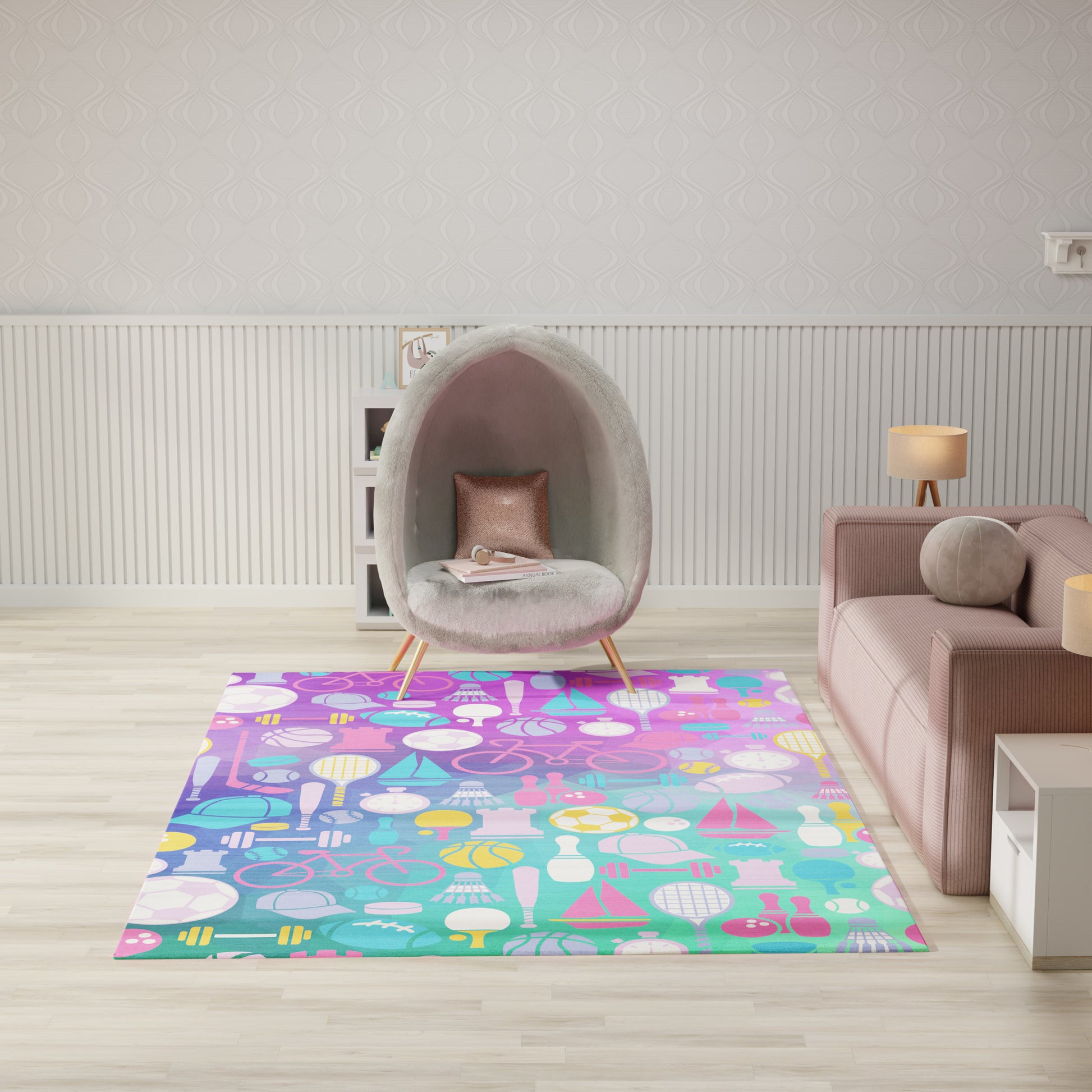 Colorful abstract-pattern area rug in pink, purple, teal and yellow under a gray rounded egg chair in a modern living room.