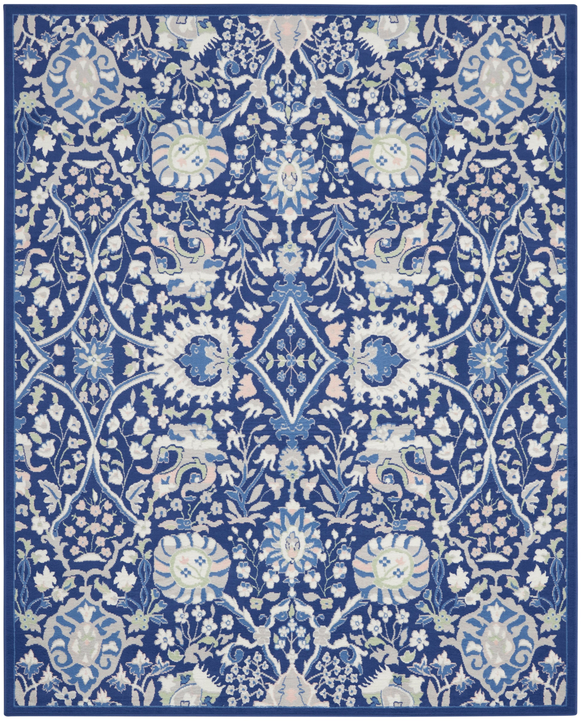 Rectangular blue and ivory Persian-style rug with ornate floral damask pattern and central diamond motif.