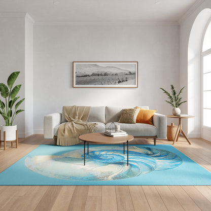 Bright living room with light gray sofa, beige throw, orange cushion, round wood coffee table on a blue swirl rug.