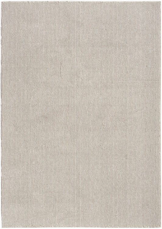 Beige woven rectangular rug with subtle textured grid pattern; neutral, casual home decor.