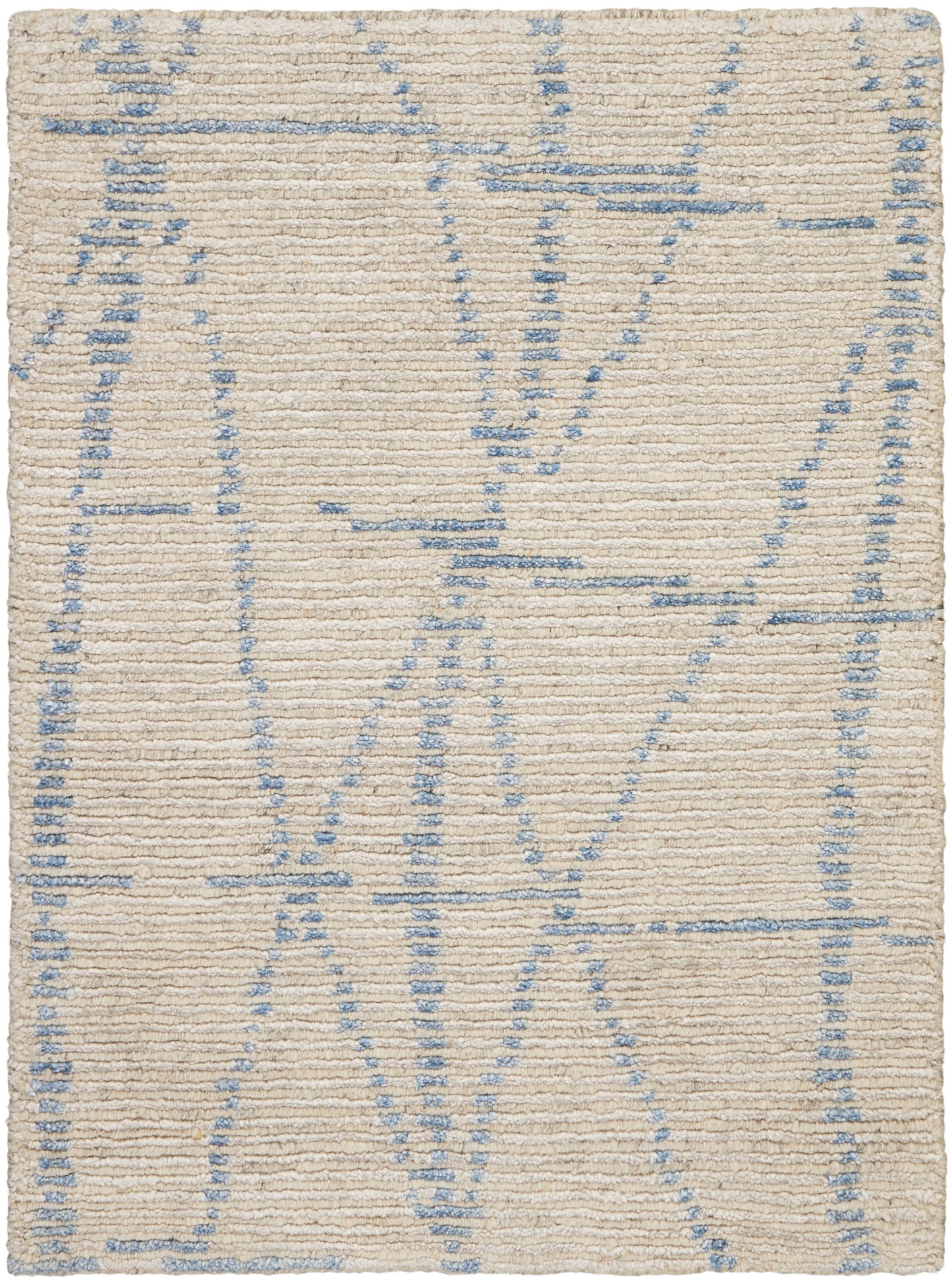 Beige woven rug with pale blue geometric lines in an abstract pattern; soft, textured surface.