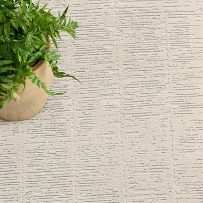 Modern beige rug with a subtle grid texture, on which a tan pot with a lush green fern sits.