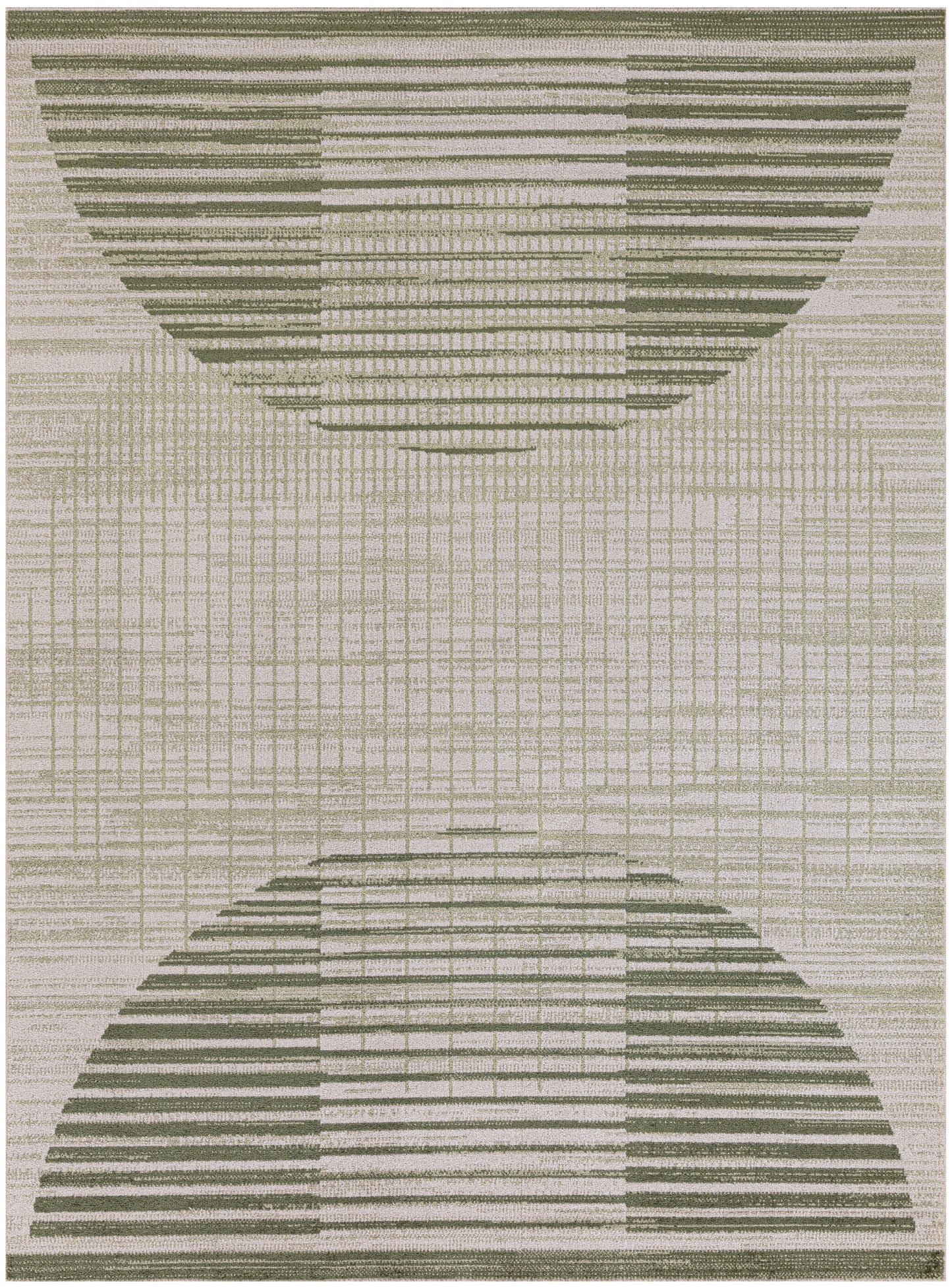 Rectangular rug with olive green semicircle stripes on a beige grid; modern geometric design.