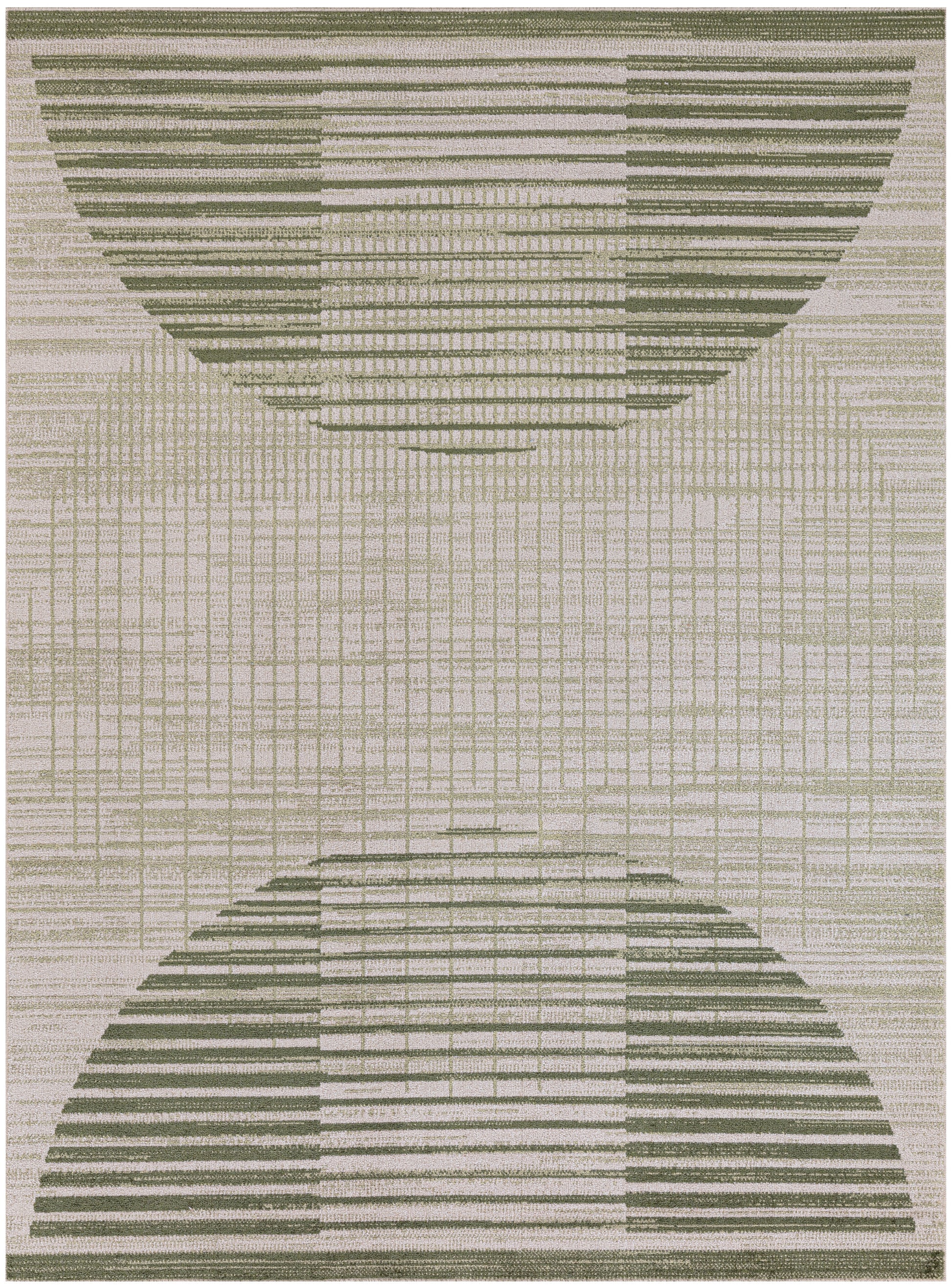 Rectangular rug with olive green semicircle stripes on a beige grid; modern geometric design.
