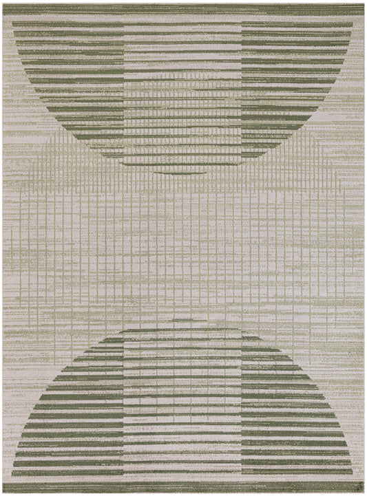 Rectangular rug with olive green semicircle stripes on a beige grid; modern geometric design.