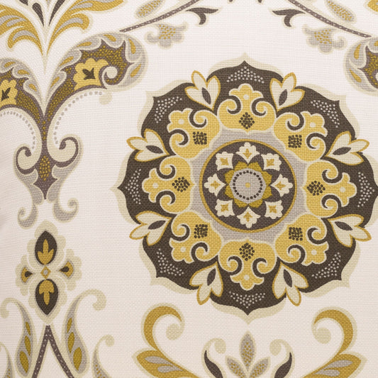 Cream fabric featuring an ornate brown and mustard yellow damask medallion with scrolling floral motifs.