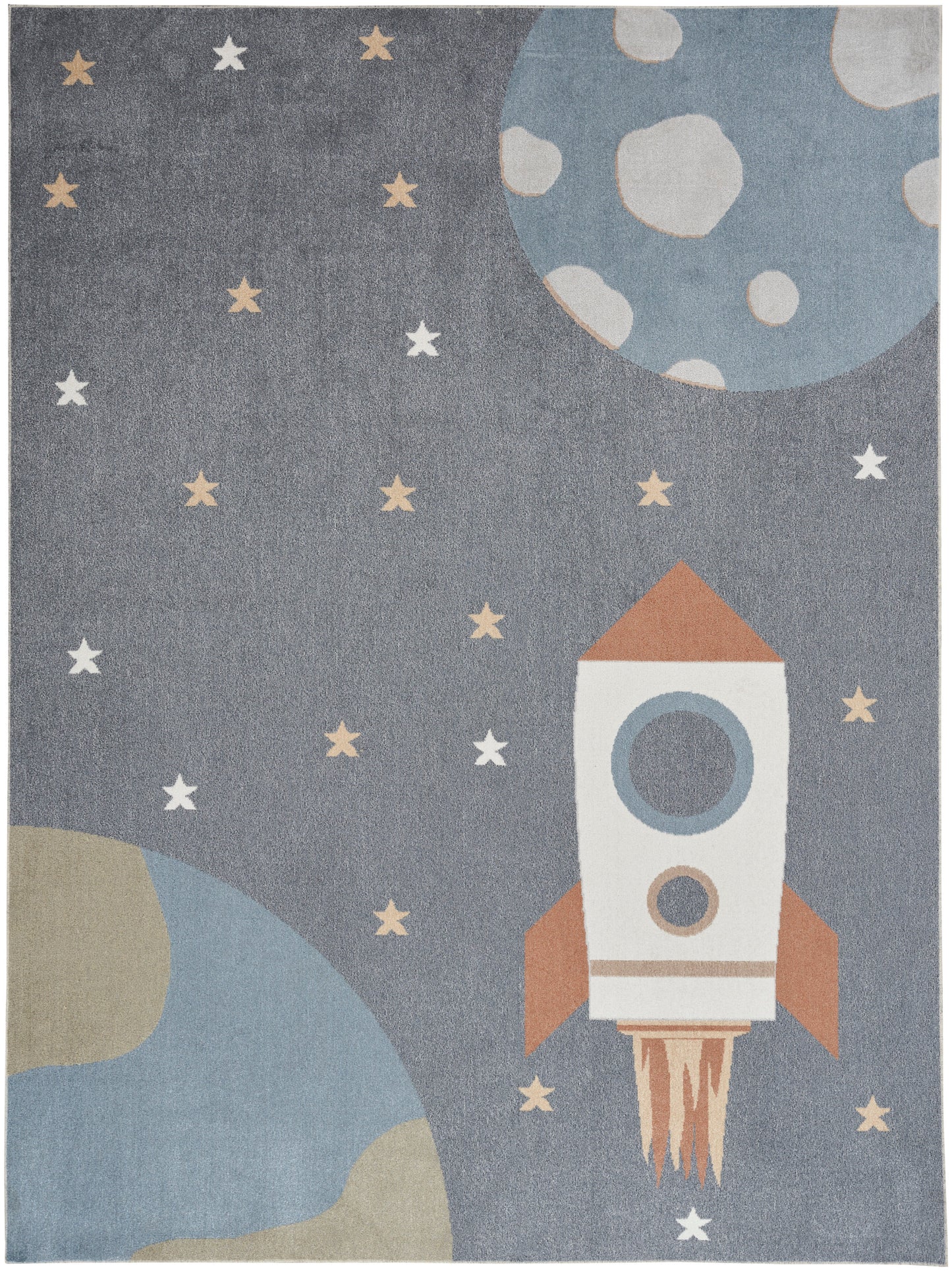 Space-themed area rug with a white and orange rocket, blue planet, moon, and beige and white stars on a gray-blue background.