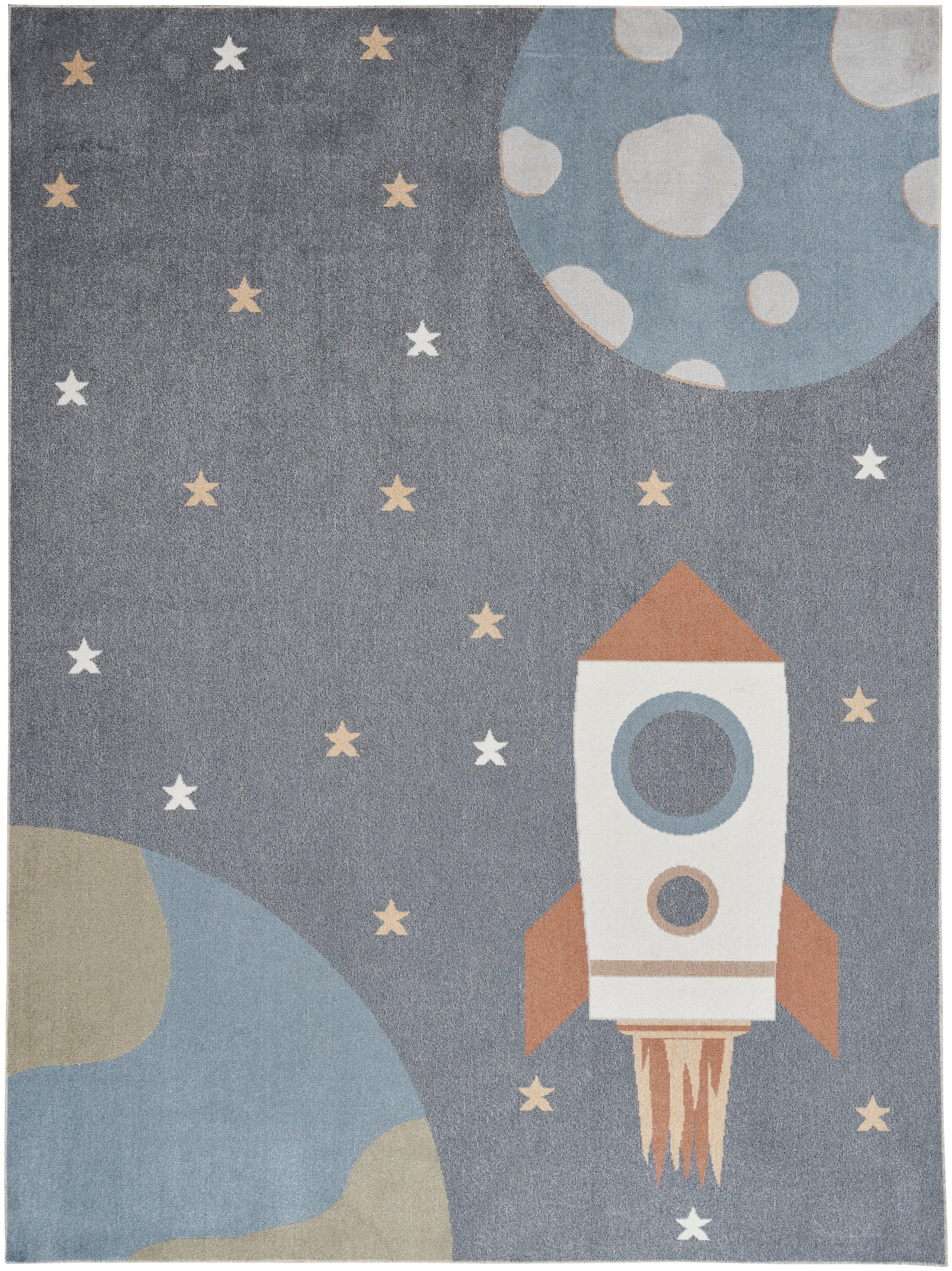 Space-themed area rug with a white and orange rocket, blue planet, moon, and beige and white stars on a gray-blue background.