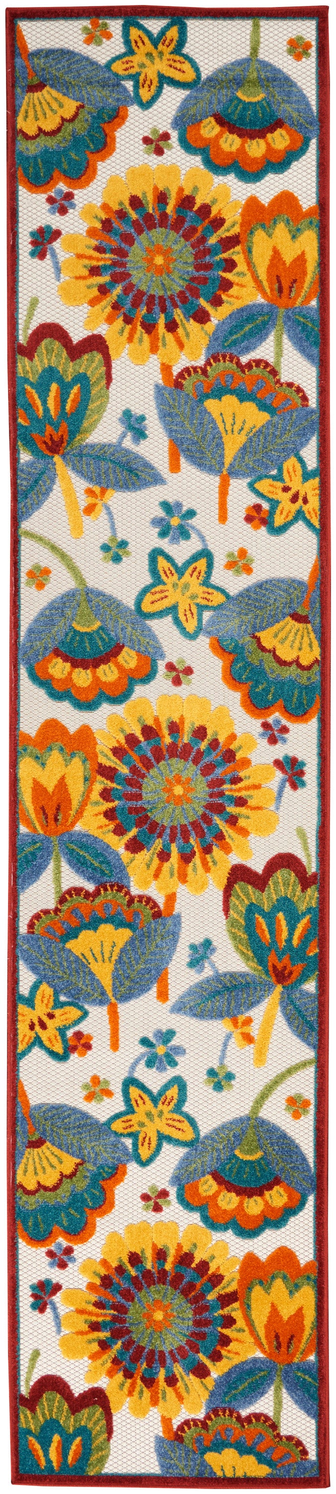 Long floral runner rug with bright yellow, orange, teal flowers on white, red border, vibrant textile decor.