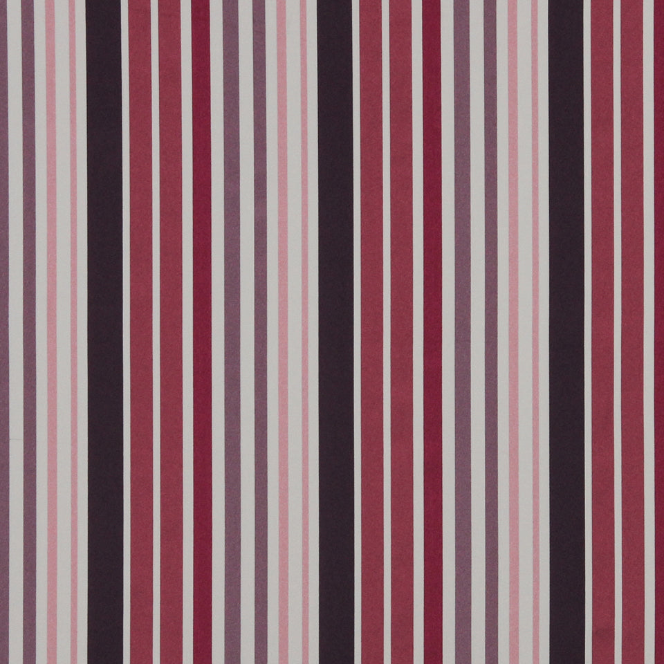Vertical striped fabric in burgundy, pink, lilac and black; bold modern textile pattern.