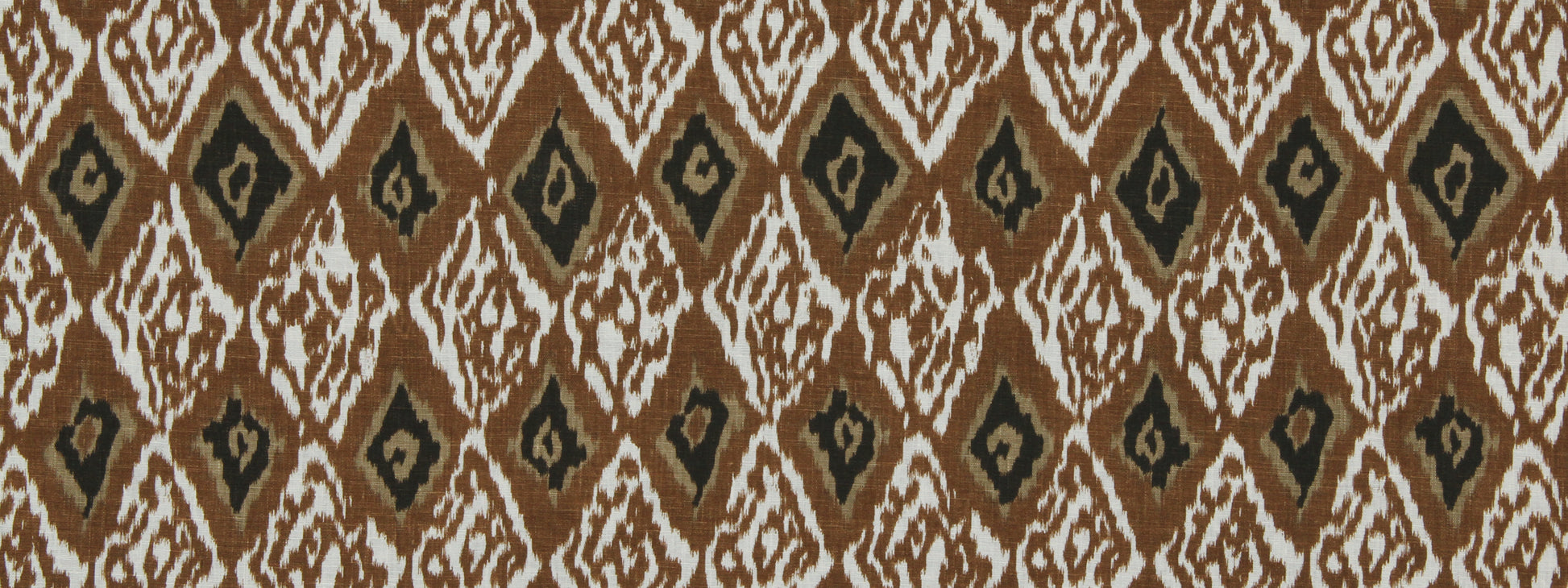 Brown, tan, white and black diamond ikat pattern textile with repeating geometric diamonds.