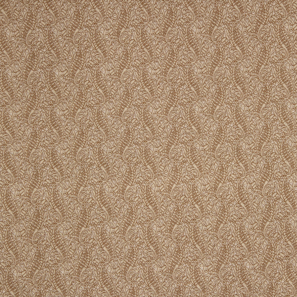 Barley-colored curvy leaf fabric with beige detailing; ornate repeating pattern suitable for upholstery or drapery.