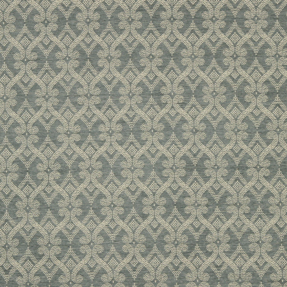 Blue-gray upholstery fabric with cream damask lattice pattern; vintage textured weave.