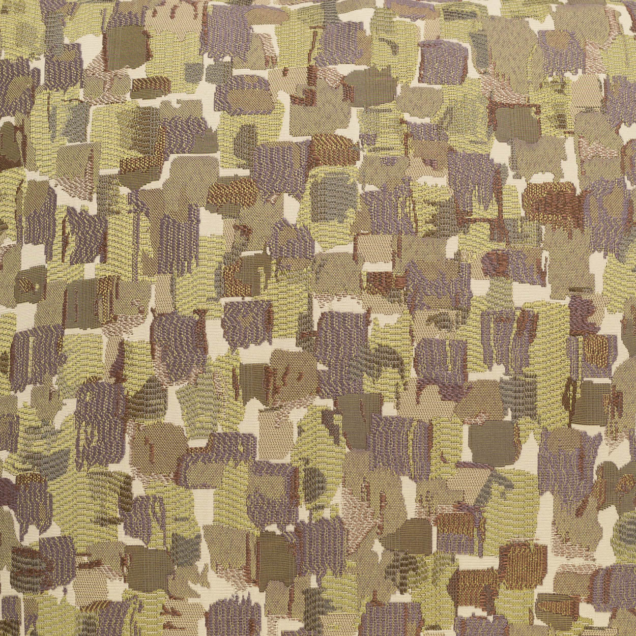 Patchwork fabric with square brushstrokes in olive, tan, brown and muted purple; camouflage-inspired textile.
