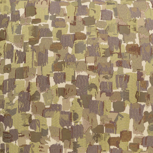 Patchwork fabric with square brushstrokes in olive, tan, brown and muted purple; camouflage-inspired textile.