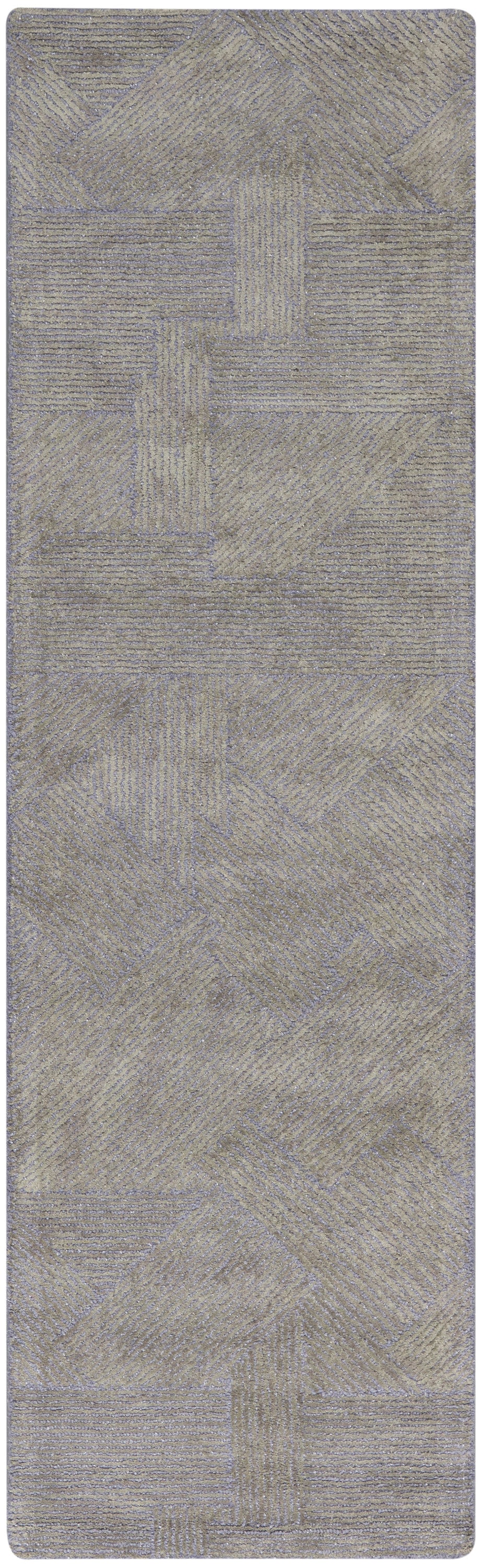 Long rectangular 8' runner in taupe with lavender accents; textured geometric patchwork and striped patterns.