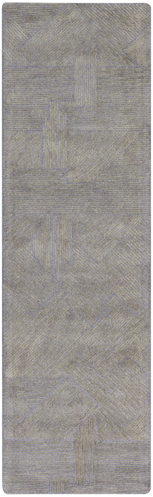 Long rectangular 8' runner in taupe with lavender accents; textured geometric patchwork and striped patterns.