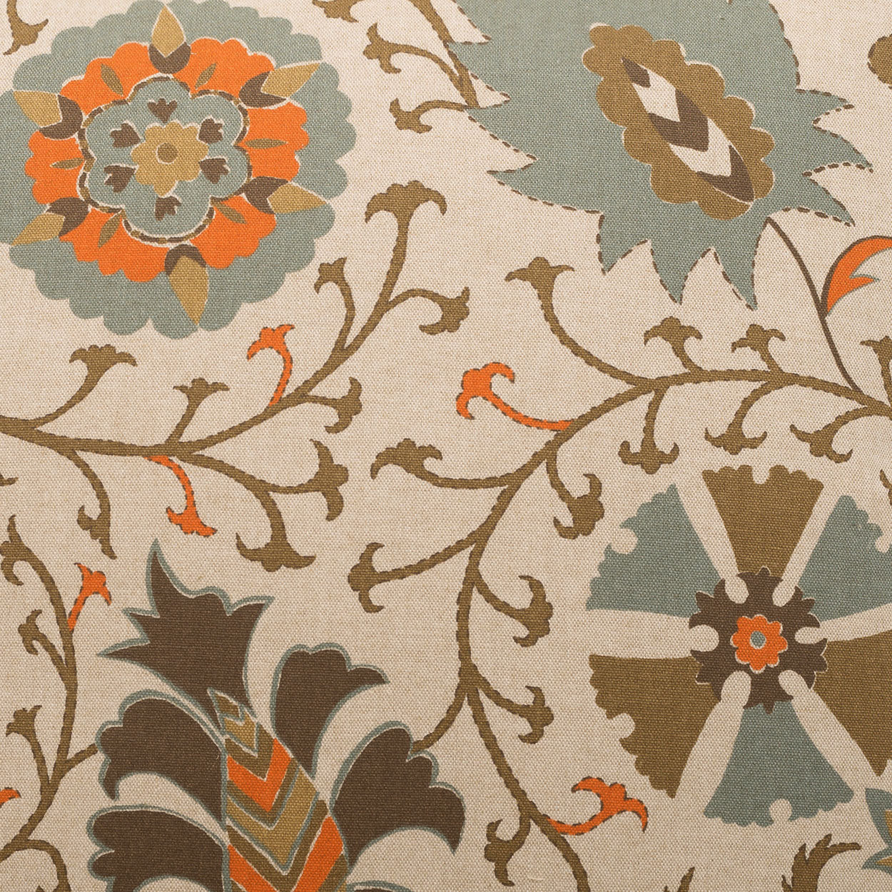 Beige fabric with damask-style floral pattern in teal, orange, and brown; intertwining vines and blossoms.